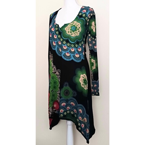 Desigual L/S Dress Bright Abstract Print Asymmetrical Hem Sz S - Picture 3 of 9